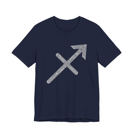 Sagittarius zodiac arrow t-shirt featuring intricate Norse knotwork and celestial symbols.