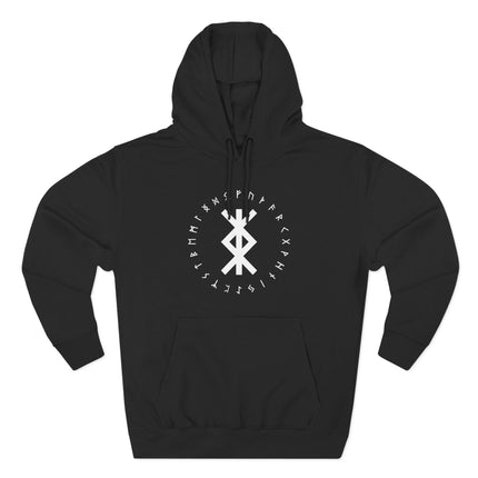 Black unisex hoodie with white Norse runes and Viking protection sigil graphic.