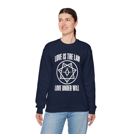 Love Is The Law occult sweatshirt featuring the Thelema hexagram symbol and "Love Under Will" text.
