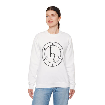 White sweatshirt featuring a black occult sigil graphic, representing the Lilith symbol.