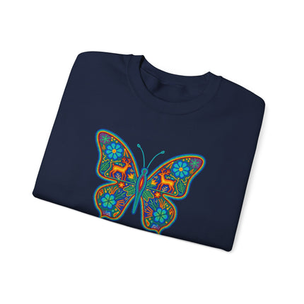 Vibrant Huichol butterfly folk art pattern on a colorful Mexican pullover sweatshirt.
