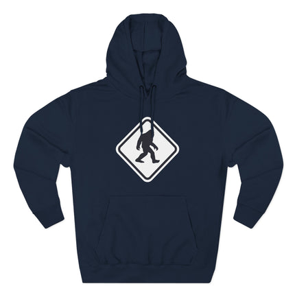 Bigfoot warning sign graphic featuring a Sasquatch silhouette.