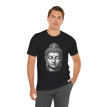Black t-shirt featuring a grayscale Buddha head illustration. Zen spiritual graphic tee for meditation and mindfulness.