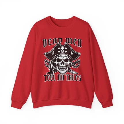 Pirate skull graphic sweatshirt featuring "Dead Men Tell No Tales" text.