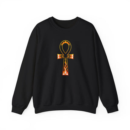 Flaming Ankh symbol graphic print on an ancient Egyptian style pullover sweatshirt.