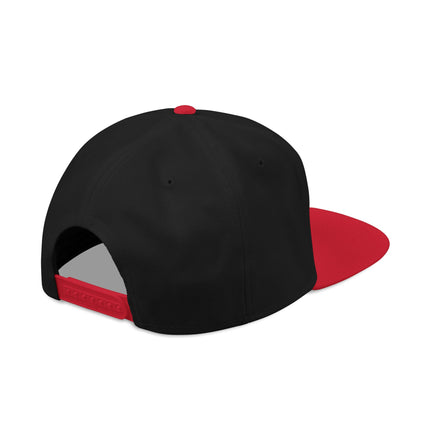 Black snapback hat with red brim, perfect for rock and roll festival streetwear and pop culture style.