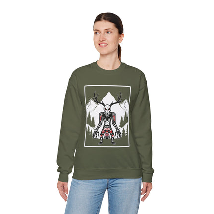 Wendigo antler skull graphic with mountains and forest trees, cryptid folklore design.