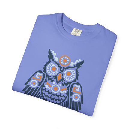 Aztec Owl T-Shirt | Rust Red Geometric Bird with Gold Eye Details Tee