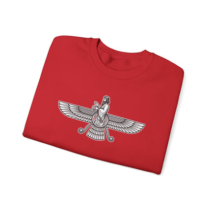 Unisex sweatshirt featuring the Faravahar Zoroastrian winged Persian symbol graphic print.