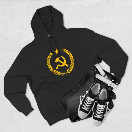 Gold hammer and sickle laurel wreath graphic on a black communist hoodie.