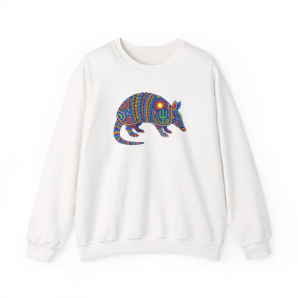 Vibrant Huichol armadillo sweatshirt with Mexican dotted folk art print.