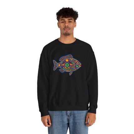 Vibrant Huichol-inspired fish pattern on a black unisex sweatshirt. Mexican folk art design.