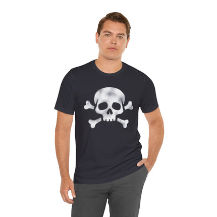 Distressed skull and crossbones graphic tee on a dark t-shirt. Pirate jolly roger style apparel.