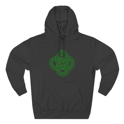 Green Celtic knotwork Ouroboros symbol on a black pullover hoodie. Represents eternity and cycles.