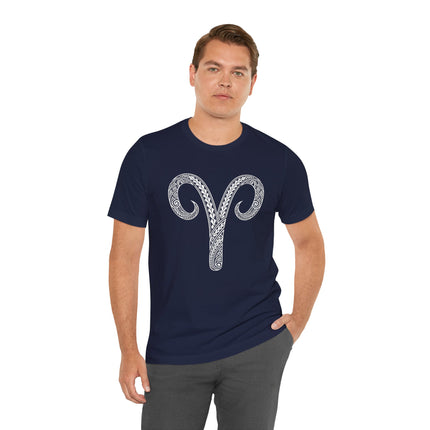 Tribal Aries zodiac symbol print on a navy blue t-shirt.