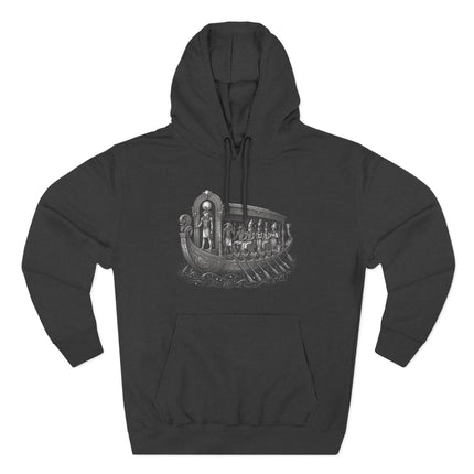 Egyptian solar barge graphic on a black hoodie, featuring Ra's mythological journey.