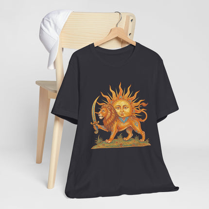 Lion and Sun (Shir-o-Khorshid) Persian heritage graphic on a black t-shirt.