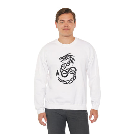 Black Celtic dragon knotwork design on a white graphic pullover sweatshirt.