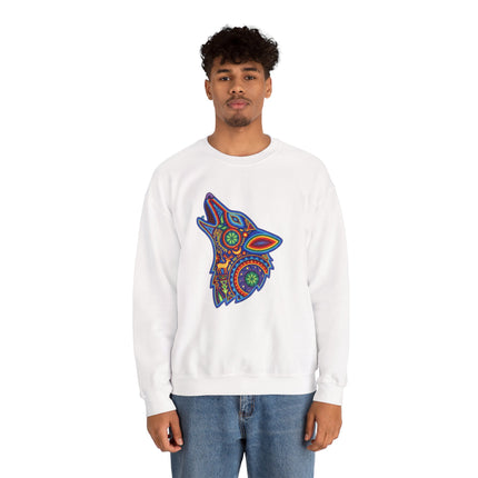 Colorful Huichol wolf graphic on white unisex sweatshirt. Mexican tribal folk art design.