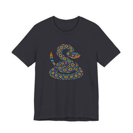 Vibrant geometric rattlesnake design featuring Mexican Huichol folk art on a black t-shirt.