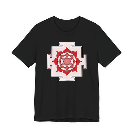 Black t-shirt featuring Bhuvaneshwari Yantra sacred geometry print in pink and red.