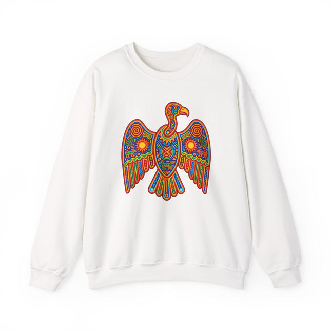 Colorful Huichol-style condor graphic on a white unisex sweatshirt featuring Mexican indigenous folk art.
