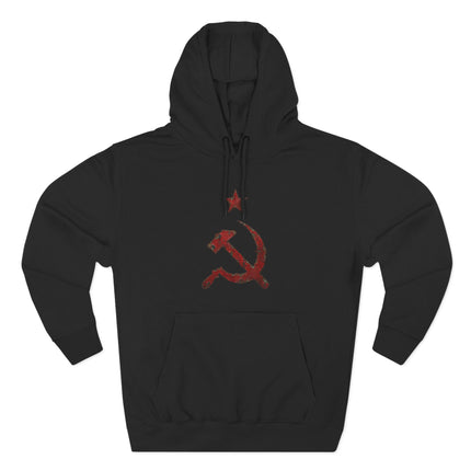 Black hoodie featuring a distressed red hammer and sickle communist symbol.