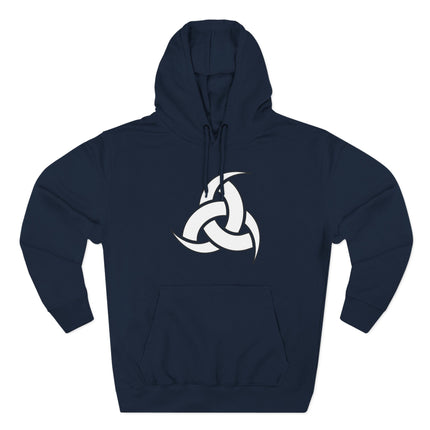 Odin's Horns Norse Symbol graphic on a dark blue Viking hoodie.
