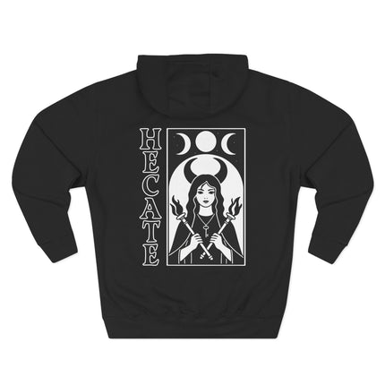 Hecate goddess occult art with triple moon symbol on black pullover hoodie.