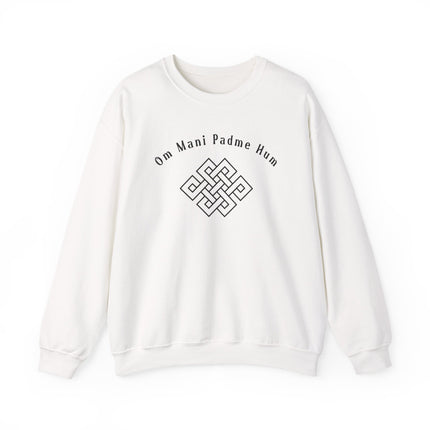 Om Mani Padme Hum endless knot graphic on a white spiritual mantra sweatshirt.