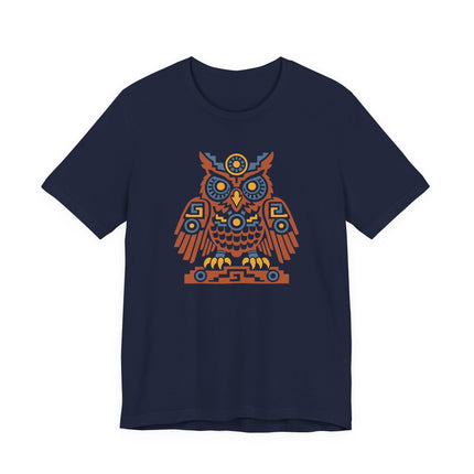 Aztec Owl T-Shirt | Rust and Gold Symmetrical Bird Illustration Tee