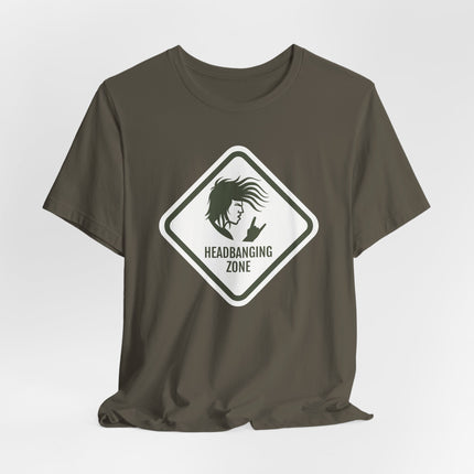 Headbanging Zone rock graphic tee featuring a stylized headbanger silhouette design.