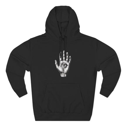 Mystic all-seeing eye palm graphic on a black pullover hoodie.