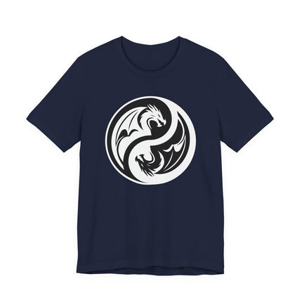 Black and white Yin Yang dragon symbol graphic on a navy blue t-shirt.