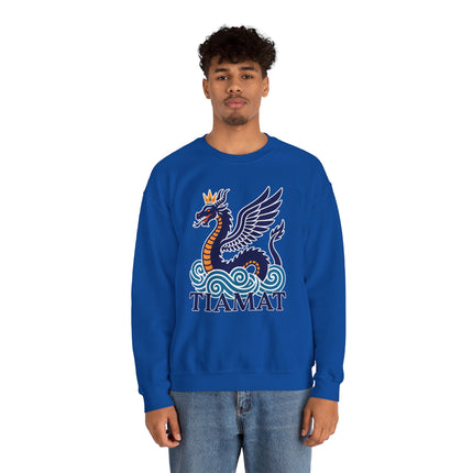 Blue Tiamat winged dragon graphic sweatshirt, featuring Mesopotamian mythology art.