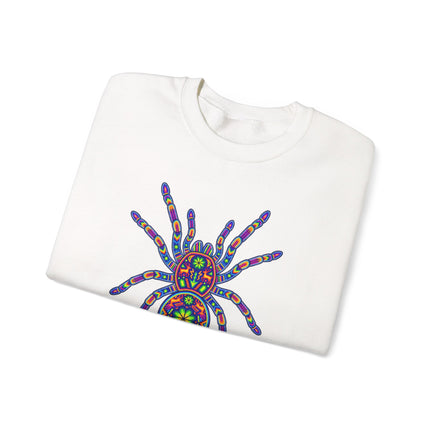 Colorful Huichol folk art tarantula spider graphic printed on a pullover sweatshirt.
