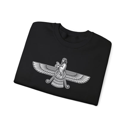 Faravahar winged symbol graphic, representing Zoroastrian spirituality and ancient Persian culture.