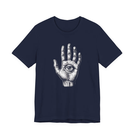 Mystic eye in hand symbol graphic on a dark blue t-shirt. Protection and esoteric design.