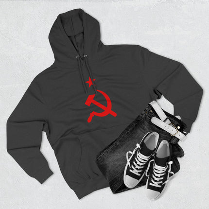 Red hammer and sickle and star graphic on a black communist socialist pullover hoodie.