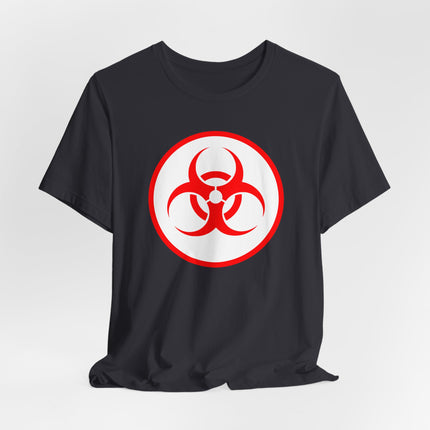 Red biohazard symbol graphic tee on a black unisex t-shirt.