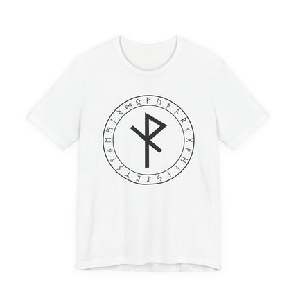 Norse rune t-shirt featuring the Algiz protection symbol and the full Elder Futhark circle design.