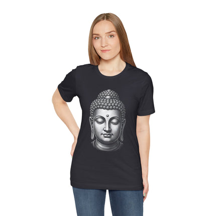 Black t-shirt featuring a grayscale Buddha head illustration for zen and meditation.