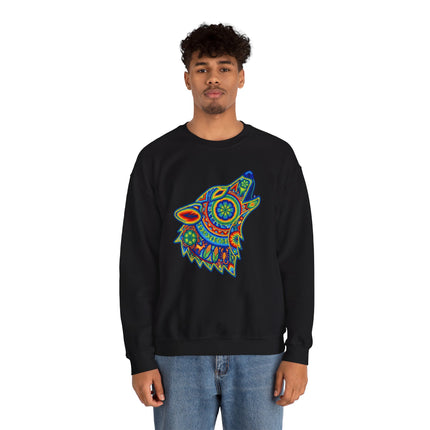 Rainbow Huichol style howling wolf tribal art graphic on a black sweatshirt.