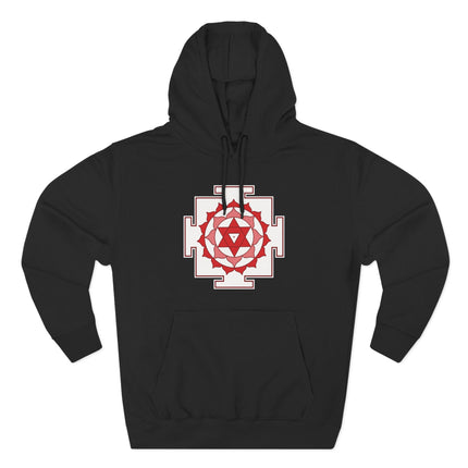 Black hoodie featuring a red and white Hindu Yantra sacred geometry symbol print.