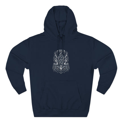Norse Mjolnir lightning knotwork graphic on a dark hoodie, featuring Viking mythology and Thor's hammer.