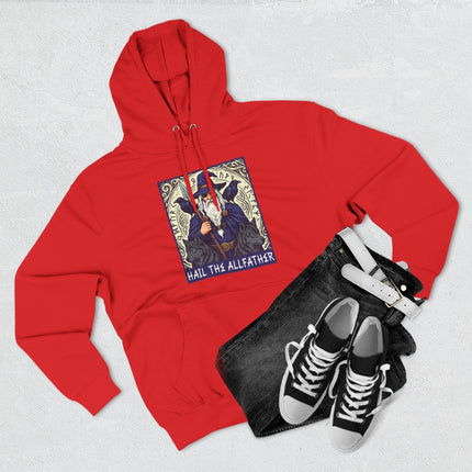 Odin Allfather Norse mythology graphic hoodie featuring runes and Viking style.