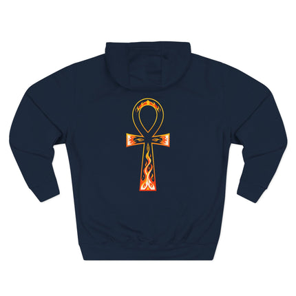 Dark hoodie featuring a fiery Ankh symbol. Egyptian eternal life motif print.