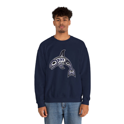 Pacific Northwest orca formline art graphic on a navy pullover sweatshirt.