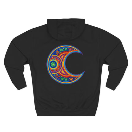 Colorful Huichol mandala crescent moon design on black spiritual hoodie.