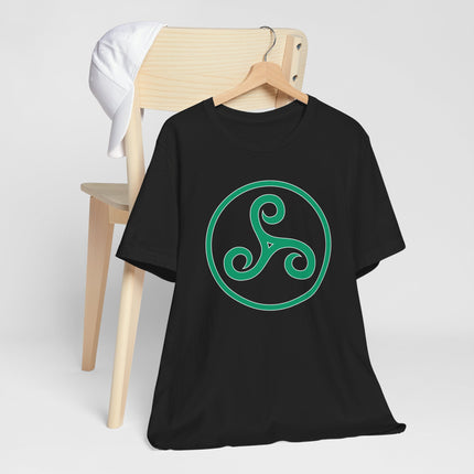 Green Celtic triskele symbol on a black graphic t-shirt.